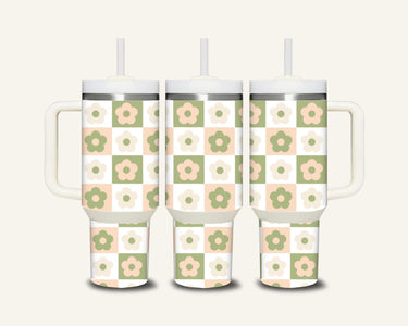 Green & Cream Flower Tumbler with Side Handle